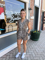 Leopard Cap Sleeve Front Zip with Pockets Romper