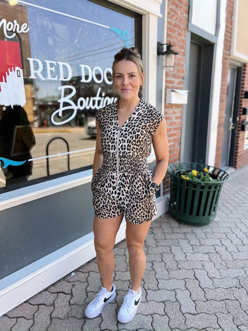 Leopard Cap Sleeve Front Zip with Pockets Romper