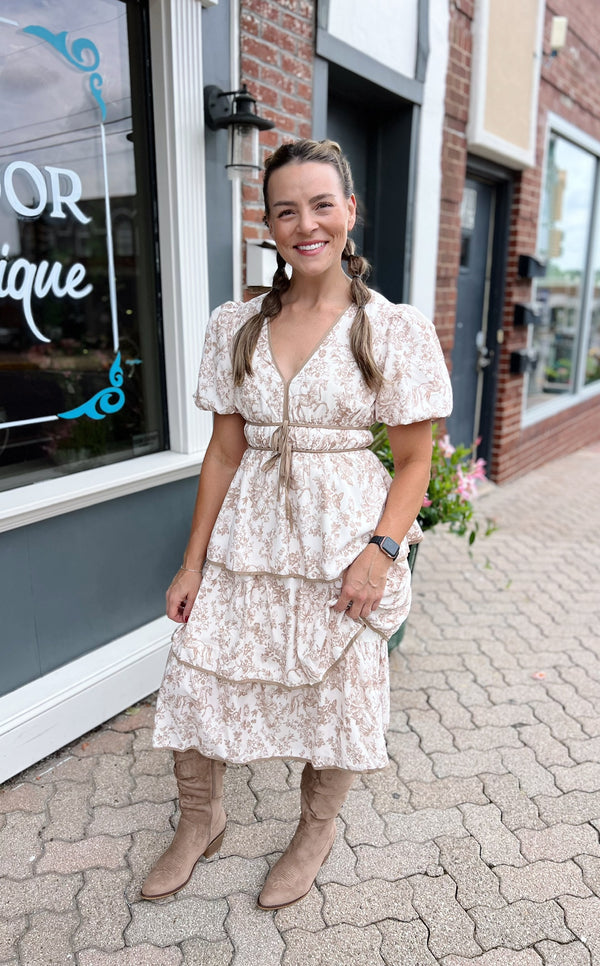 Taupe Horse Toile Ruffle Midi Dress