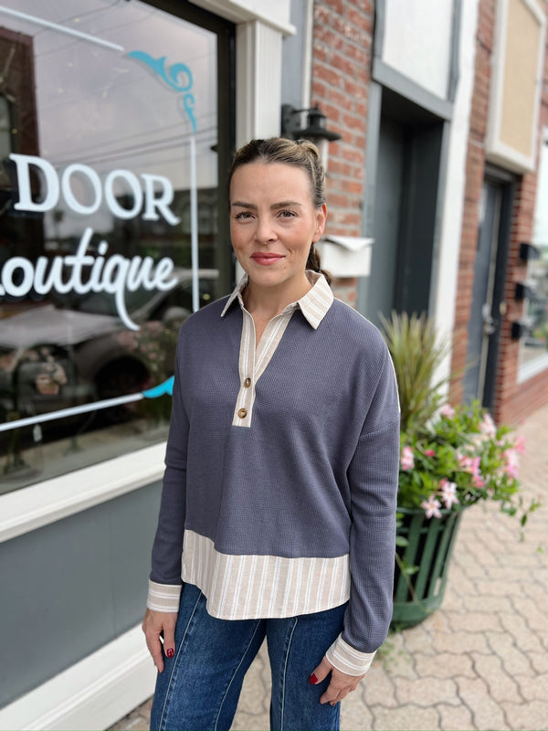 Blue Striped Waffle Knit Collared Top