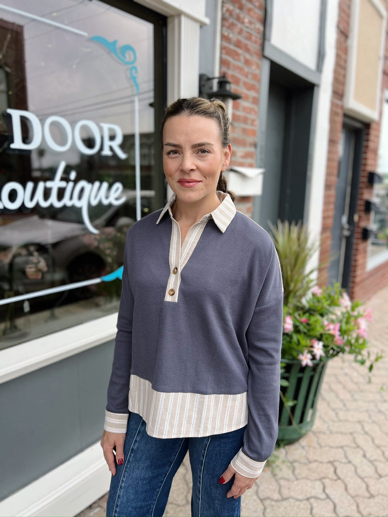 Blue Striped Waffle Knit Collared Top
