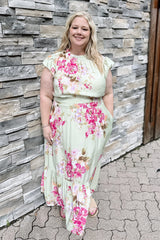 Curvy Mint Floral Flutter Sleeve Dress