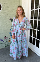 Blue Floral V-Neck Maxi Dress