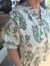 Curvy Green Paisley Print V Neck Top