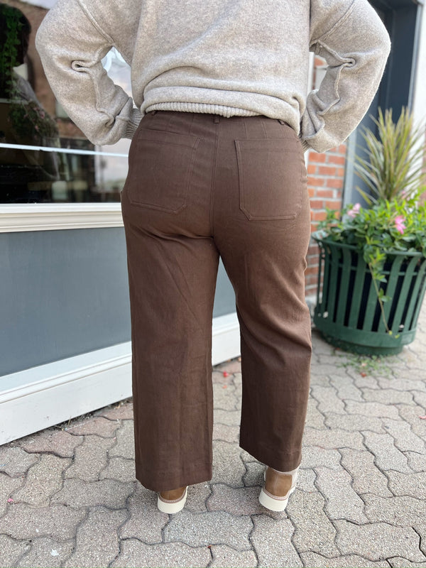 Curvy Brown Wide Leg Pants With Front Pockets