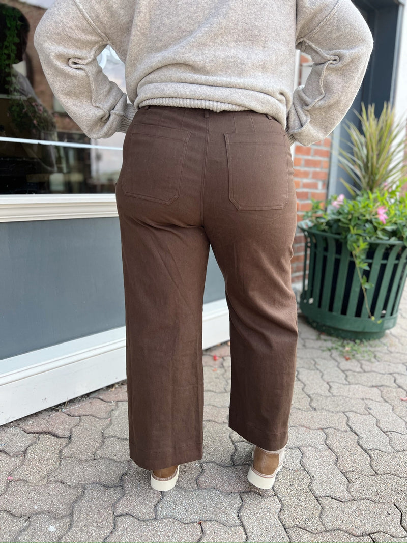 Curvy Brown Wide Leg Pants With Front Pockets
