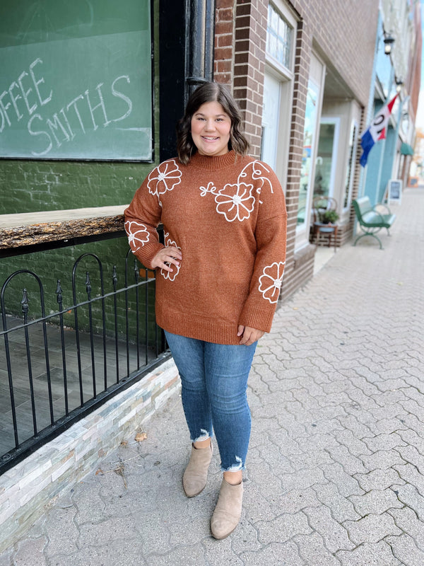 Curvy Floral Embellished Sweater Rust