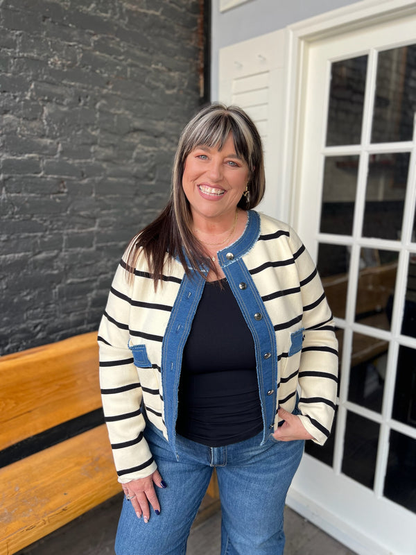 Striped Button Up Sweater Jacket W/ Denim Contrast