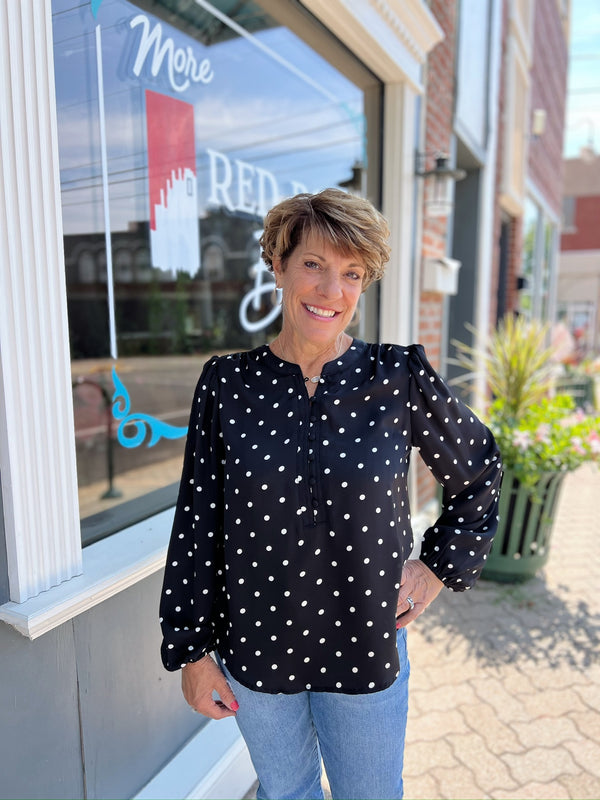 Black Polka Dot Blouse With Cinched Sleeves