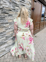 Curvy Mint Floral Flutter Sleeve Dress