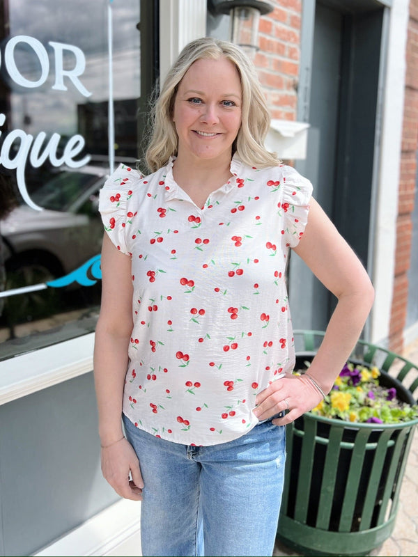 Ivory Cherry Print Ruffle Sleeve Top