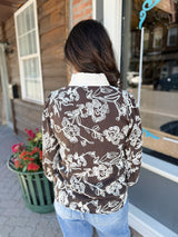 Brown Ruffled Neck Floral Embroidered Top