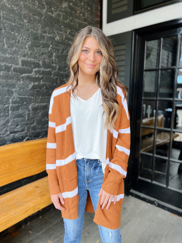 Rust and White Knit Cardigan with Pockets