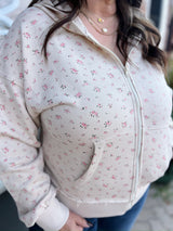 Curvy Cream Floral Oversized Zip Up Hoodie
