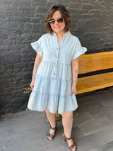 Chambray Ruffled Tiered Shirt Dress