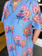 Blue Floral Flutter Sleeve Midi Dress