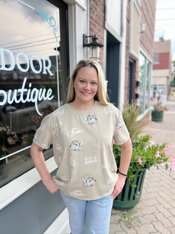 Beige Western Printed Round Neck Short Sleeve Top