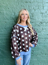 Brown Polka Dot Blue Trim Pullover