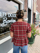 Red Plaid Puff Sleeve Top