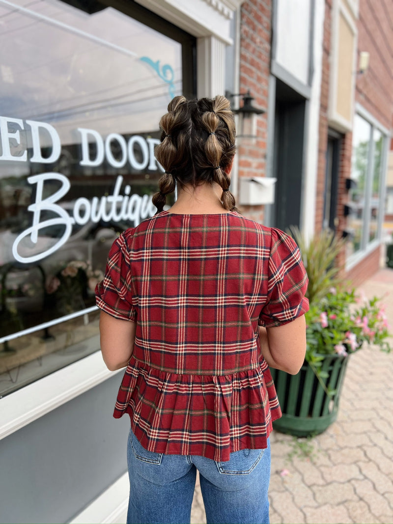 Red Plaid Puff Sleeve Top