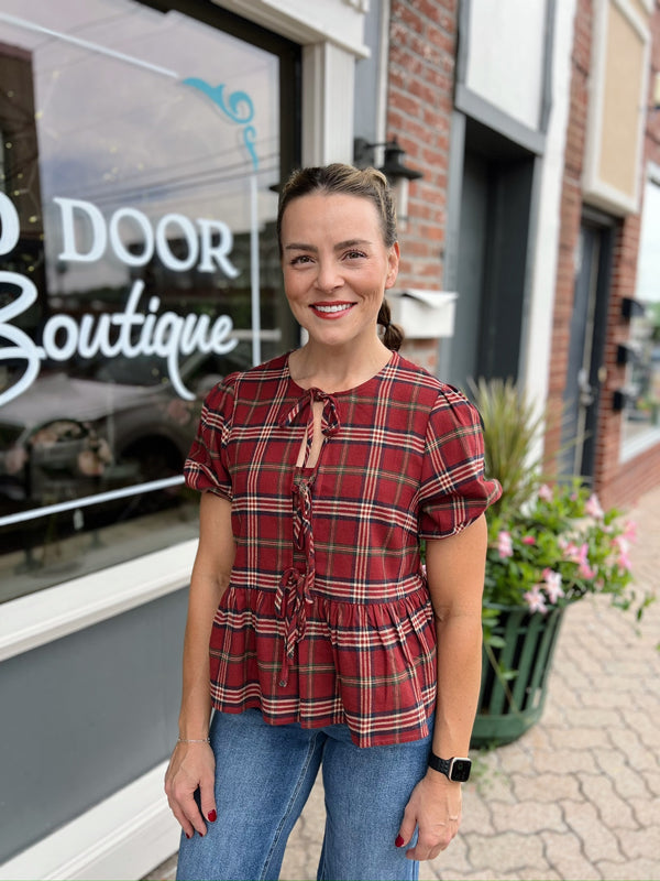Red Plaid Puff Sleeve Top