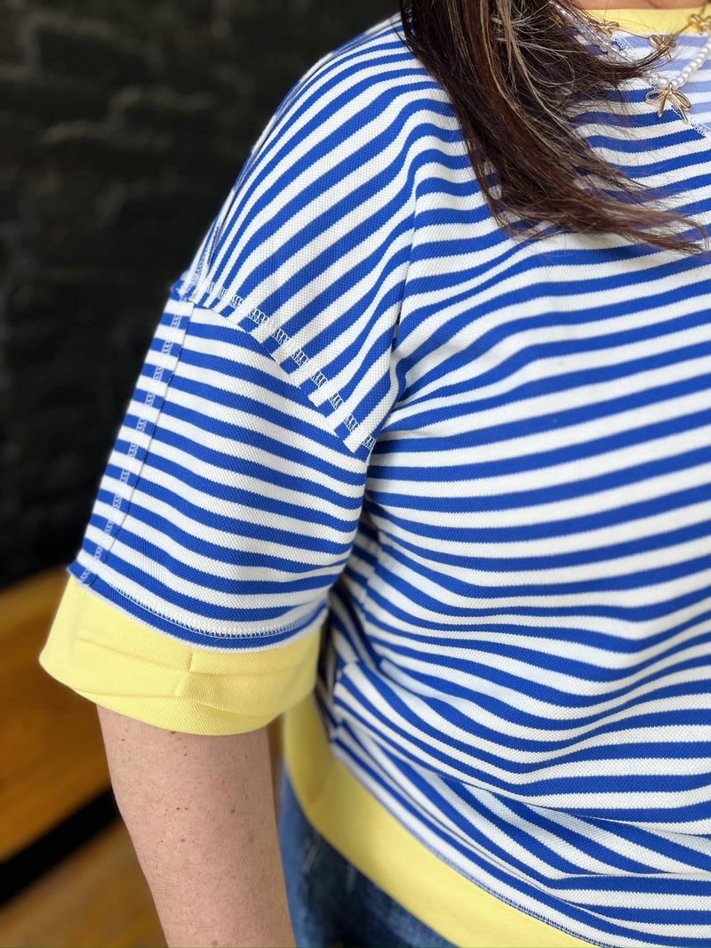 Royal Blue Striped Top with Yellow Trim