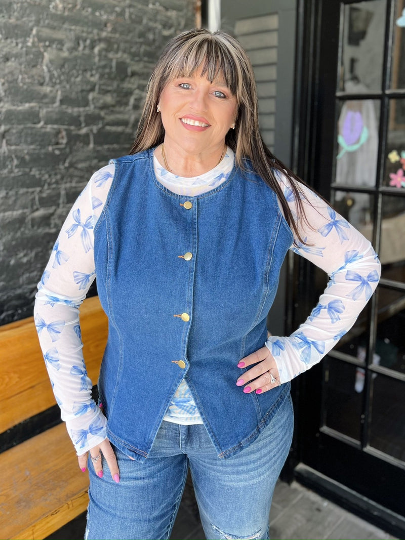 Curvy Button Front Denim Vest