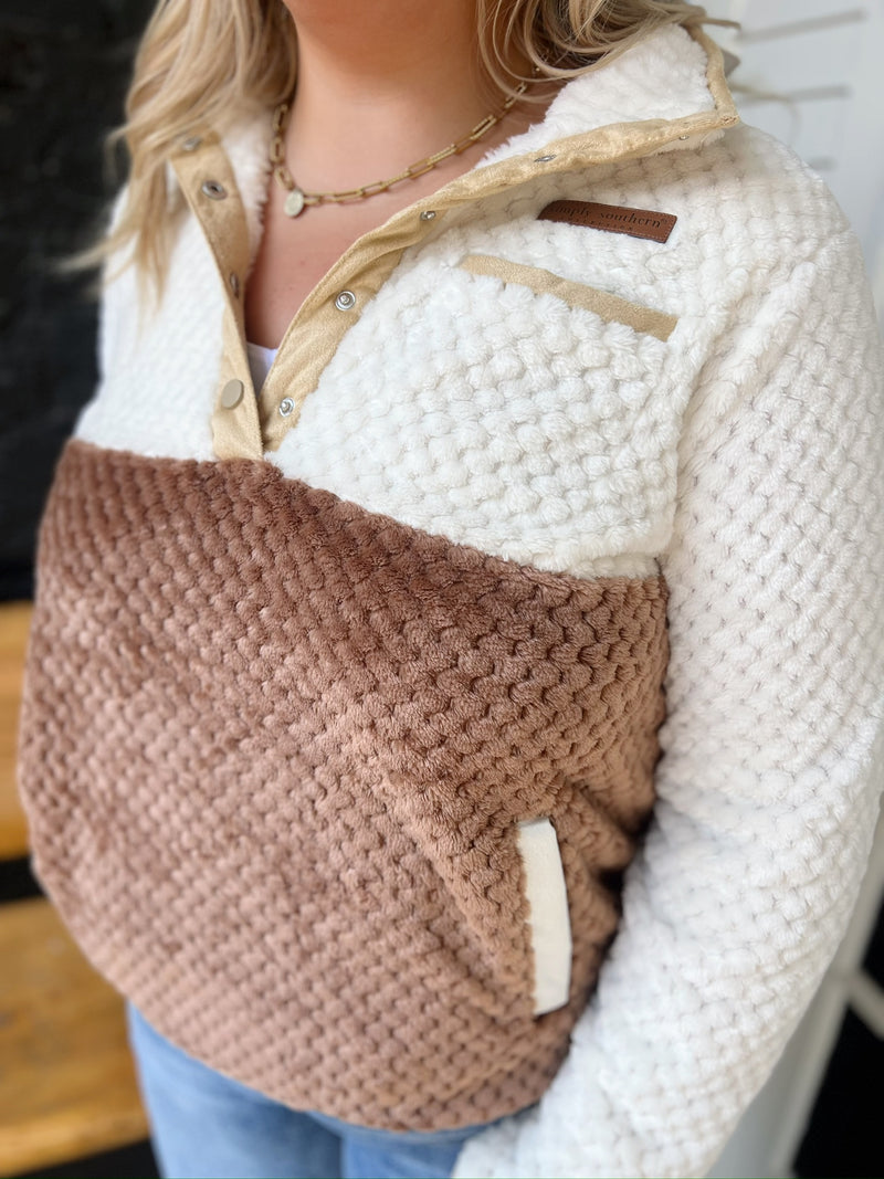 White & Brown with Buttons Fleece Pullover
