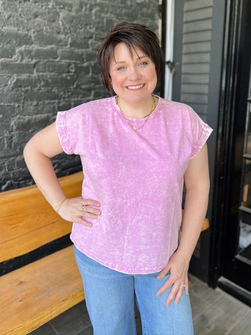 Crinkle Washed Round Neck Rolled Sleeve Tee