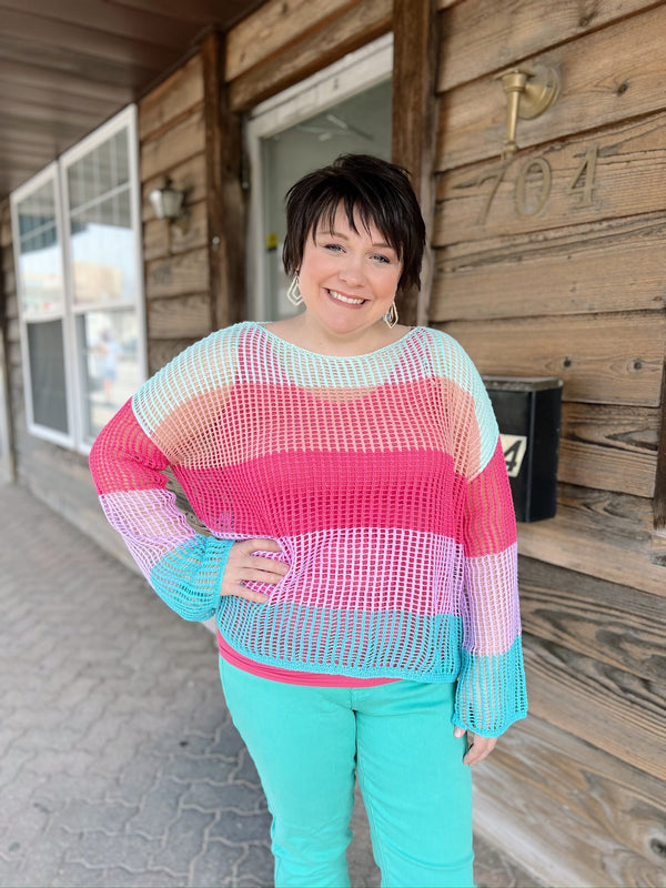 Curvy Multi Colored Striped Netted Sweater