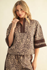 Leopard Half Sleeve Front Zip Faux Suede Top