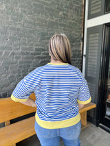 Royal Blue Striped Top with Yellow Trim