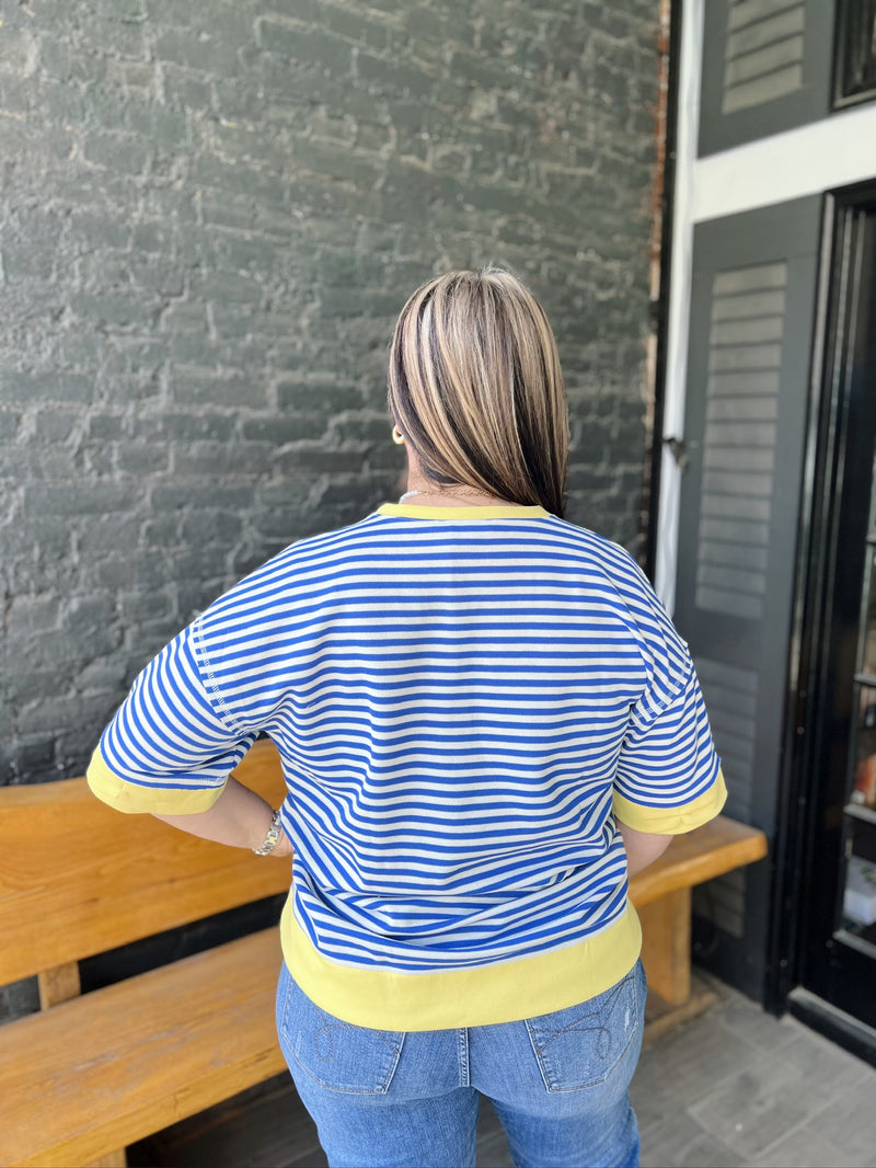 Royal Blue Striped Top with Yellow Trim