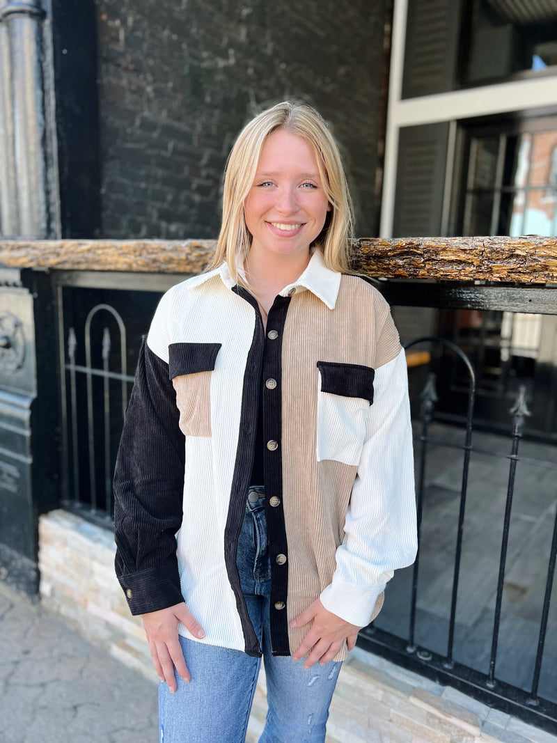 Brown/Black Contrast Corded Shacket