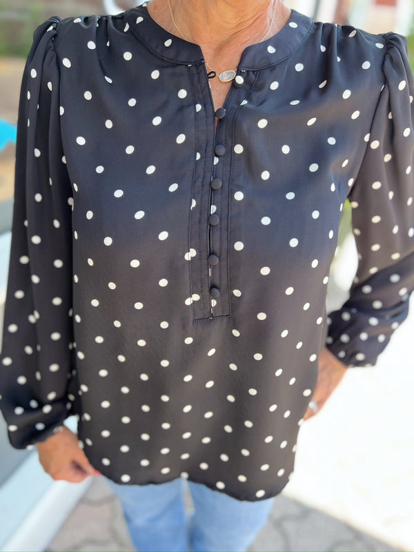 Black Polka Dot Blouse With Cinched Sleeves