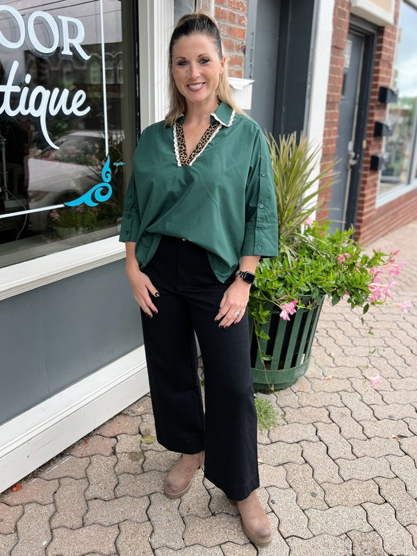Green Leopard and Lace Collared Shirt
