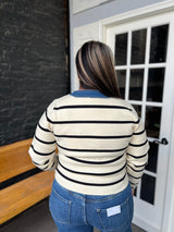 Striped Button Up Sweater Jacket W/ Denim Contrast