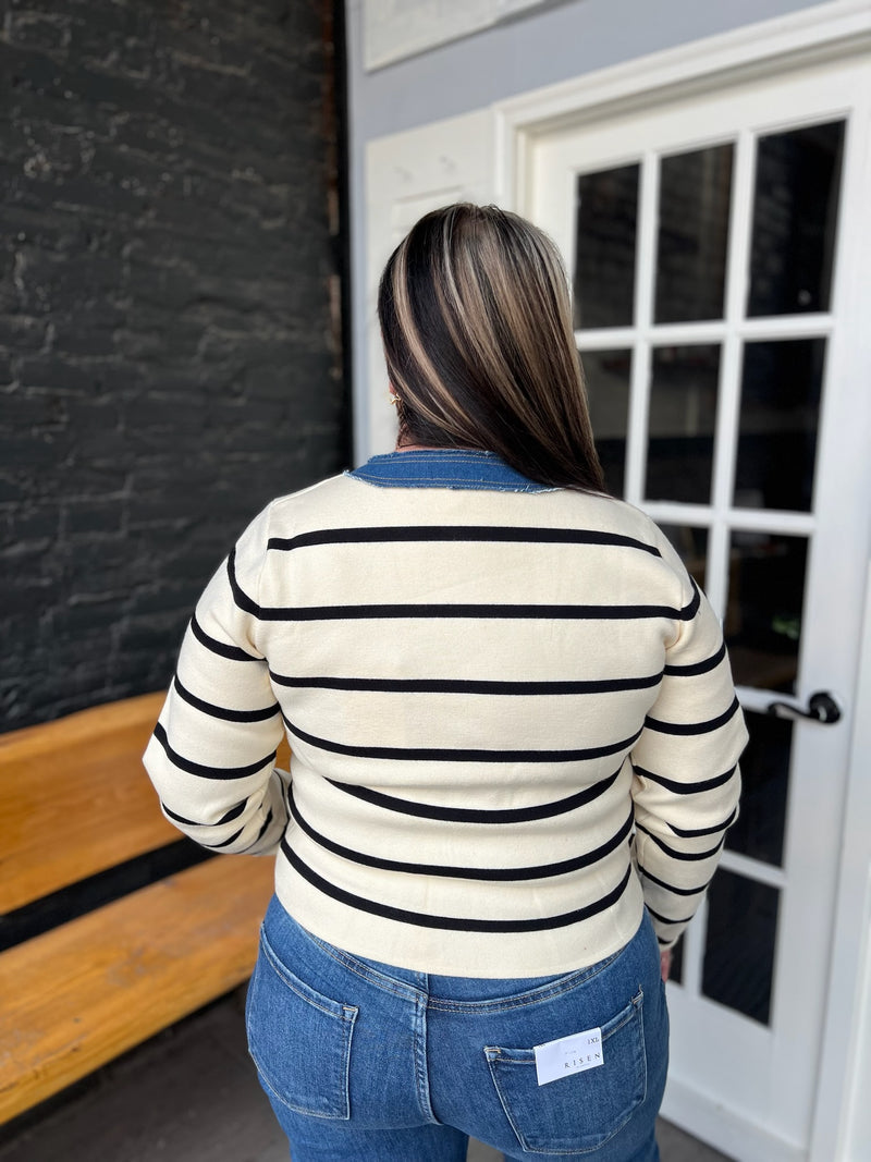 Striped Button Up Sweater Jacket W/ Denim Contrast