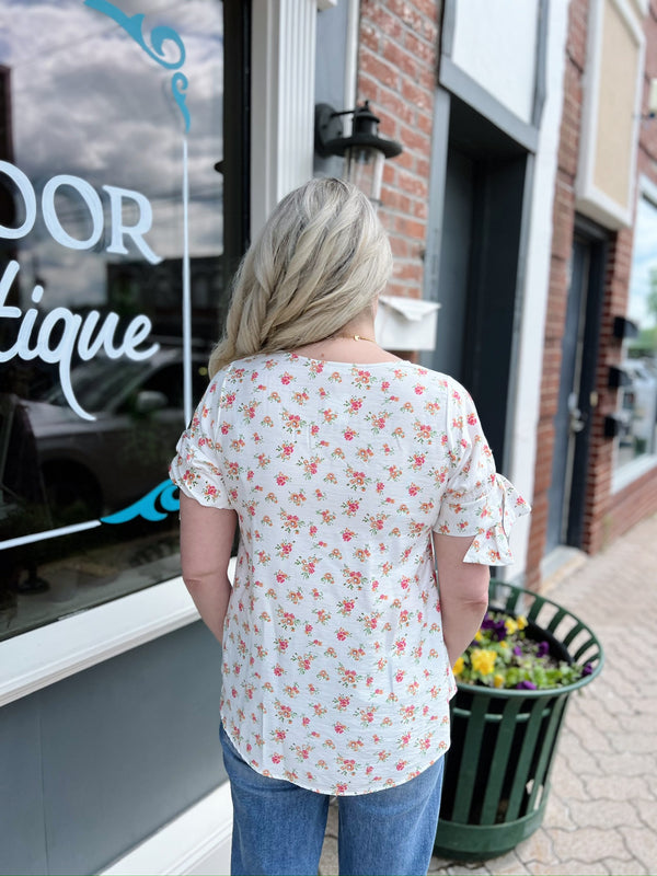 Off White Floral Print Top with Tie Detail Sleeves