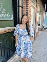 Blue and White Floral Print Tiered Short Dress