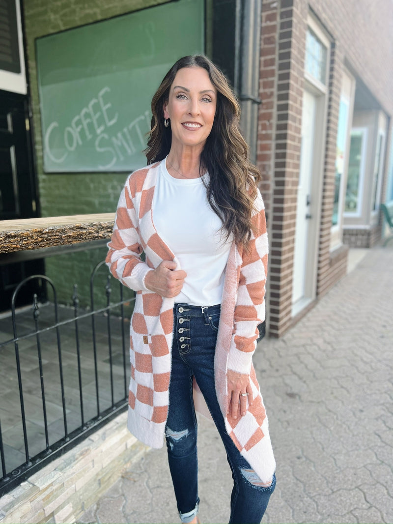 Tan/Ivory Checkered Cardigan