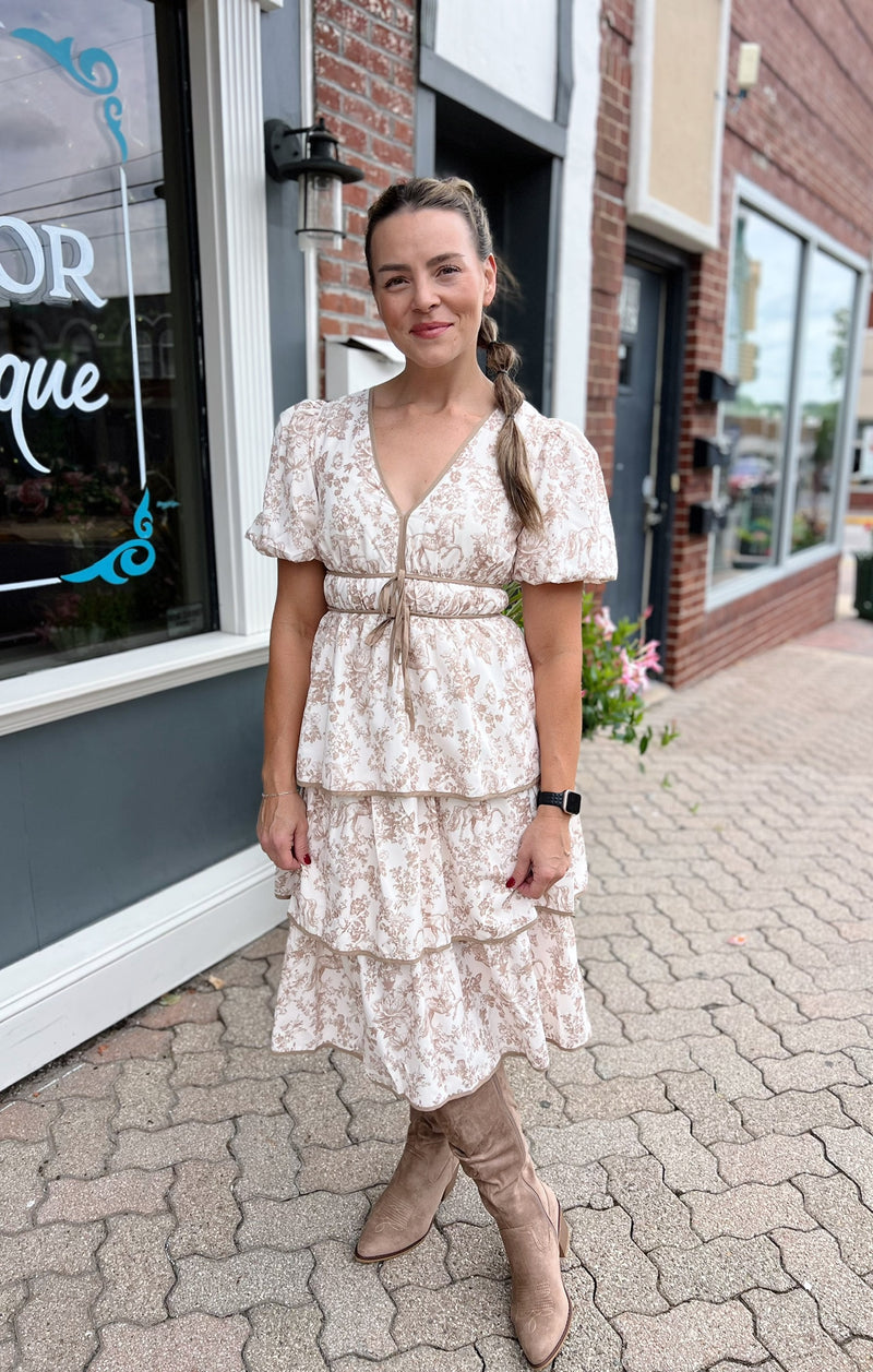 Taupe Horse Toile Ruffle Midi Dress