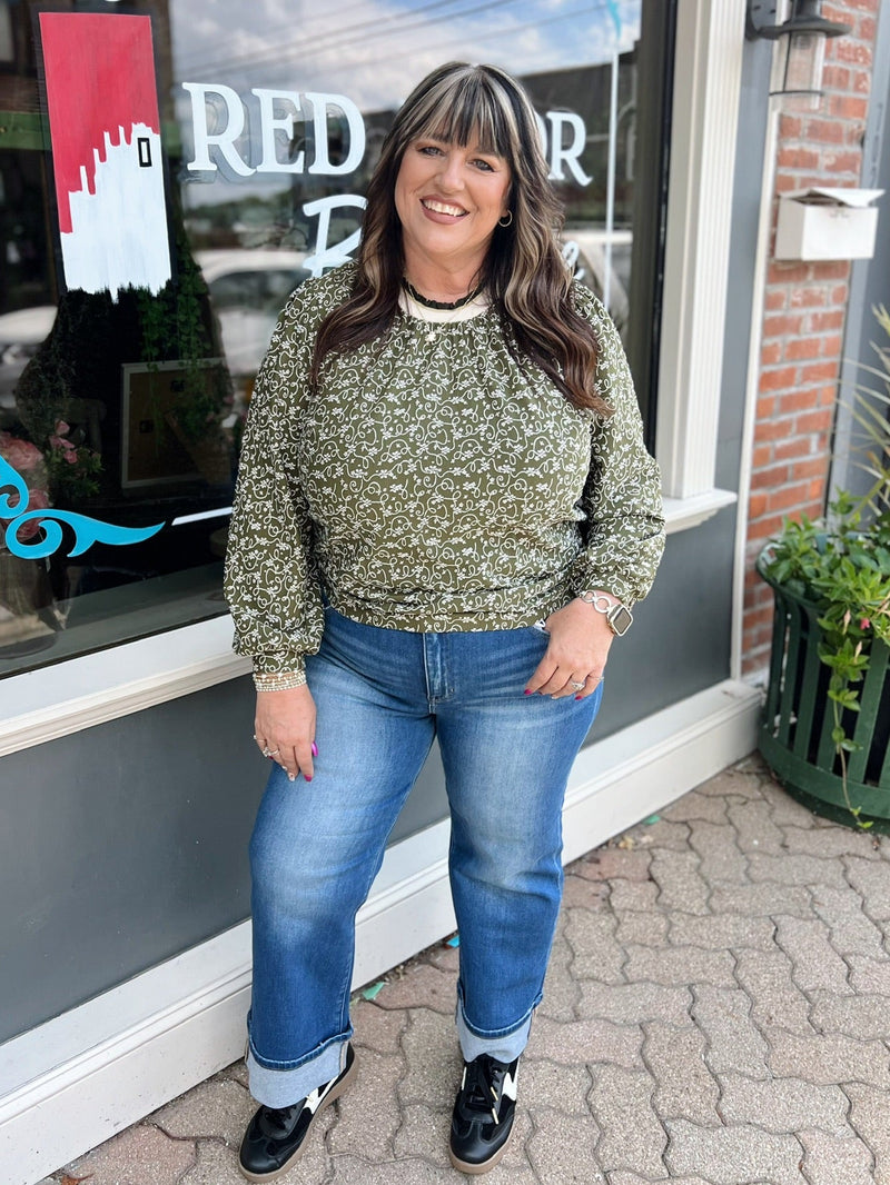 Olive Floral Vine Print Ruffle Neck Blouse