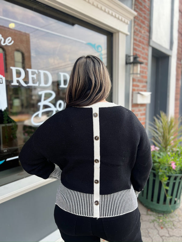 Black Contrast Hem Faux Button Back Sweater
