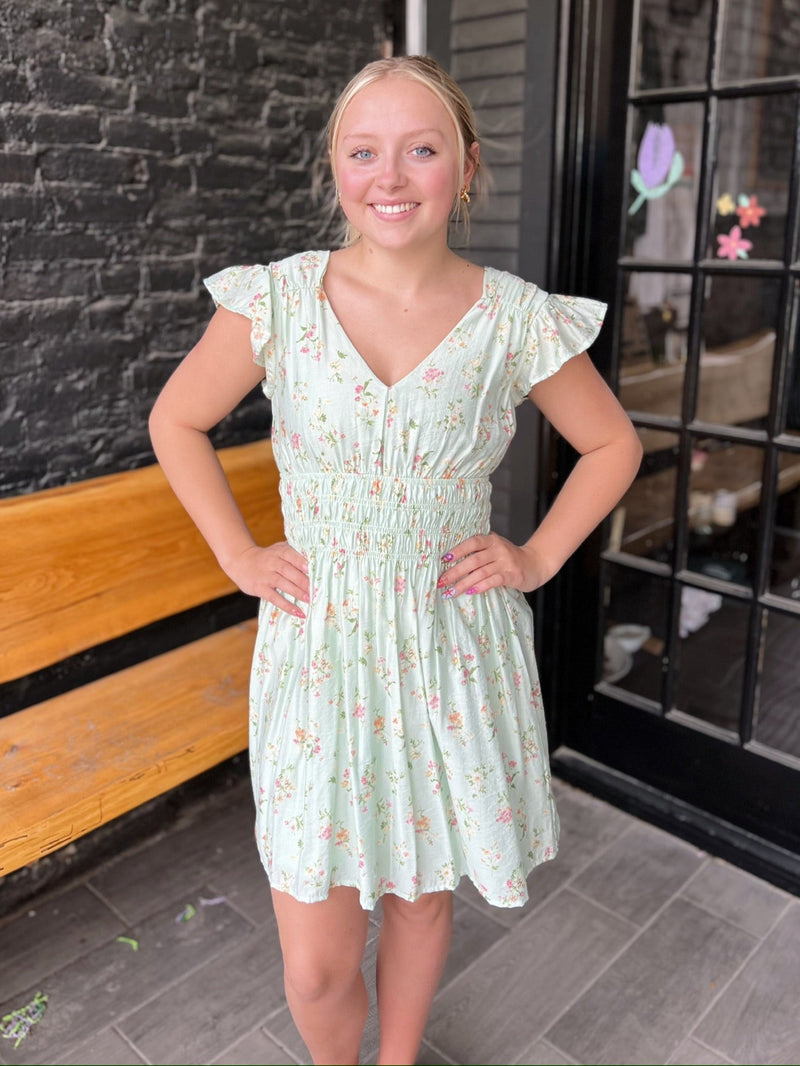 Light Sage Floral V-Neck Shirred Waist Mini Dress