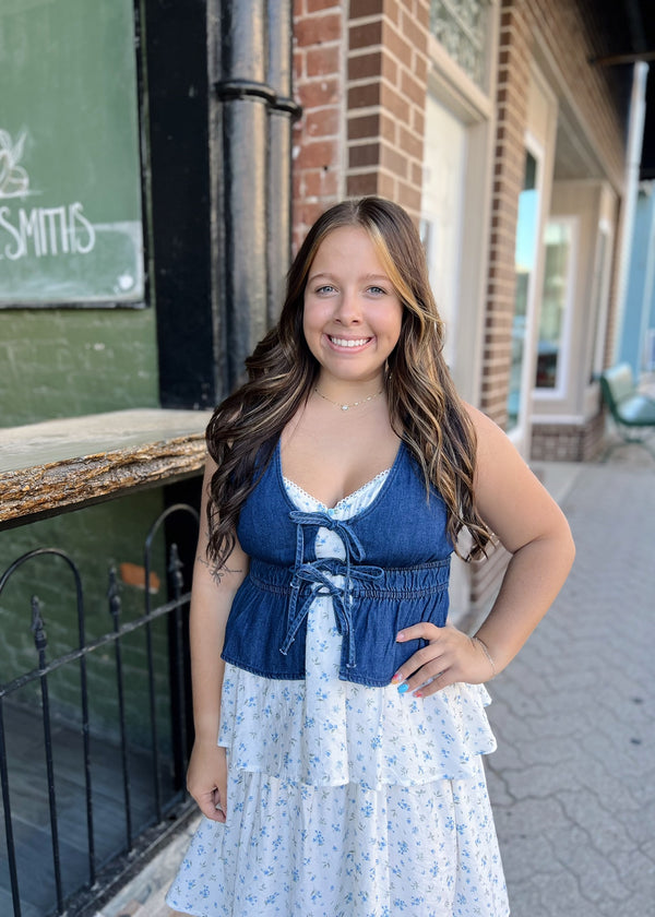 Denim Scoop Neck Front Tie Ruffle Hem Vest