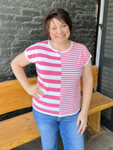 Pink Striped Colorblock Lighweight Knit Top