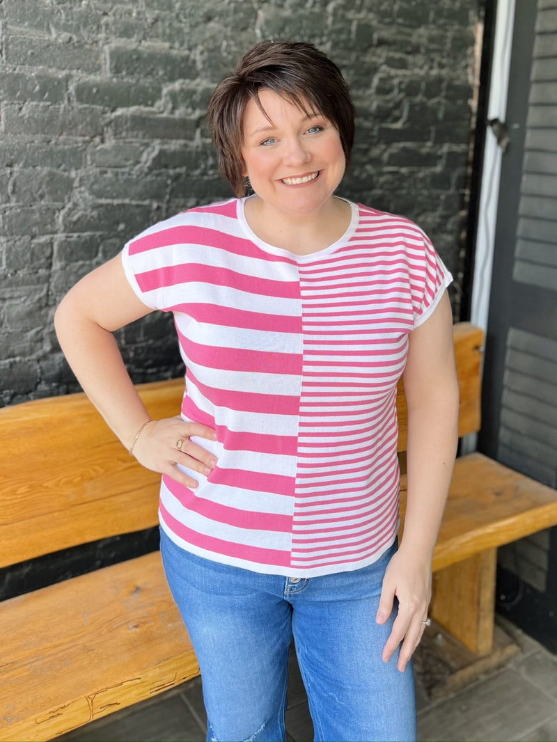 Pink Striped Colorblock Lighweight Knit Top