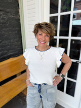 Blanket Stitched Edges Crew Neck Ruffle Sleeve Sweater