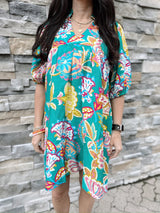 Emerald Paisley Print V Neck Dress